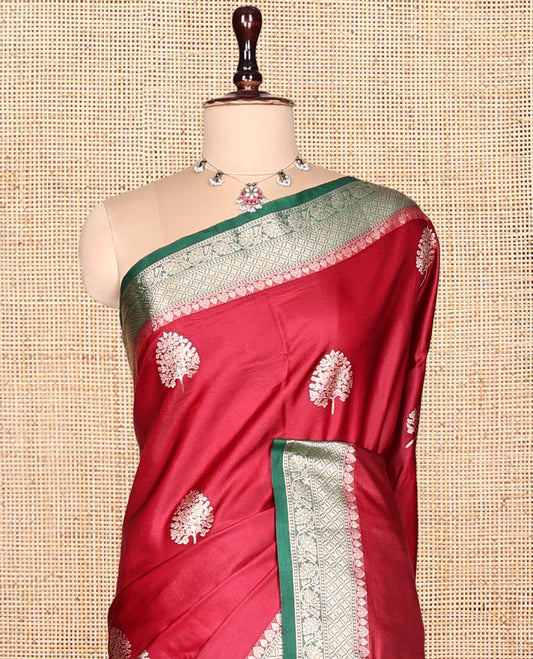 Red Satin Silk Saree, Embellished with Tree Buttas, Complemented by a Contrast Traditional Design Border,  Grand Pallu, and a Contrast Blouse