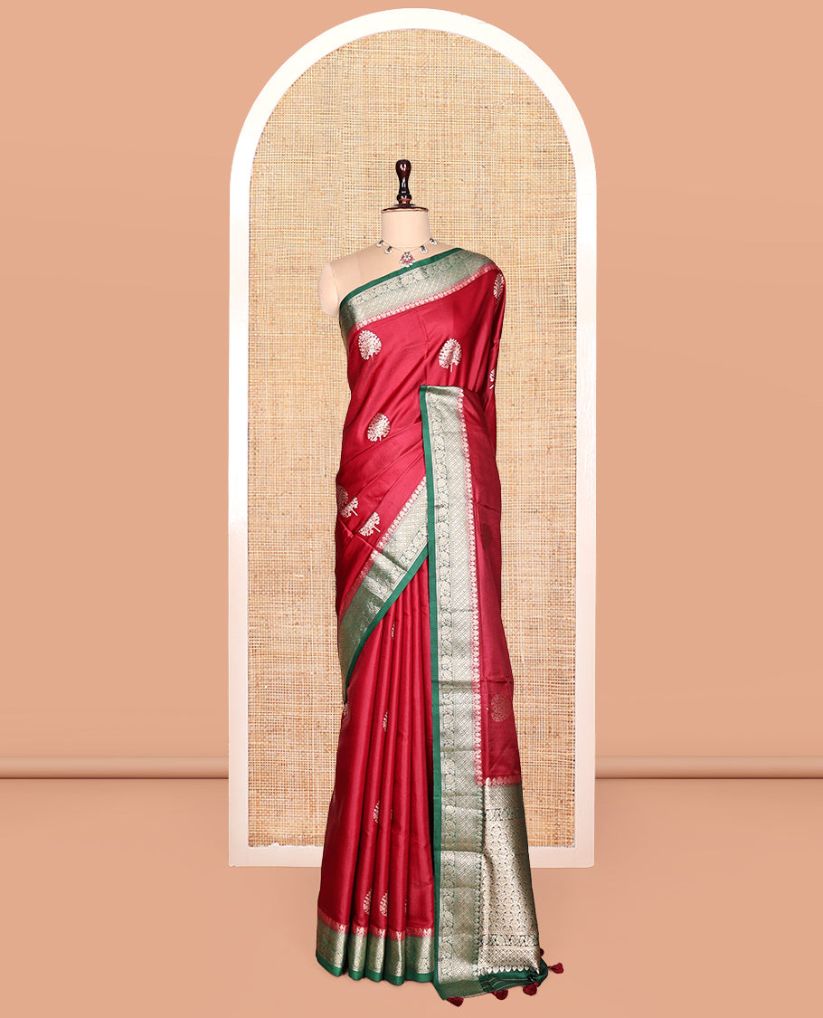 Red Satin Silk Saree, Embellished with Tree Buttas, Complemented by a Contrast Traditional Design Border,  Grand Pallu, and a Contrast Blouse