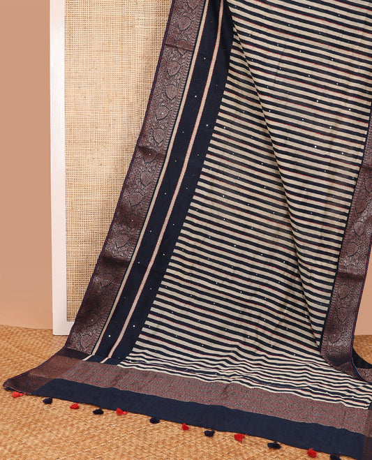 Blue striped, sequins work chanderi cotton saree with self zari design, sequins work border