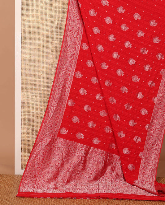 Red zari buttas fancy crepe saree, traditional zari border & intricate pallu