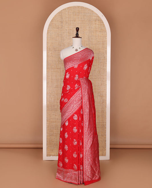 Red zari buttas fancy crepe saree, traditional zari border & intricate pallu