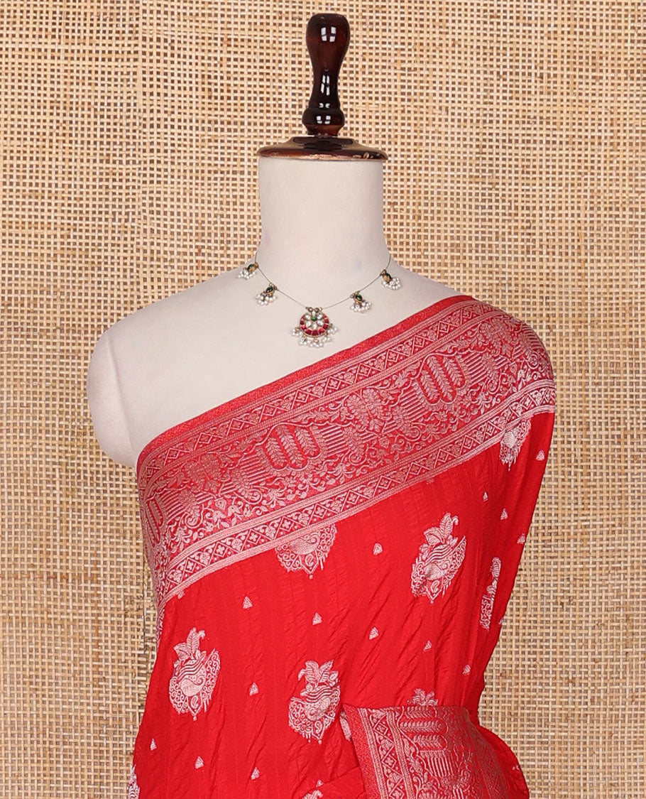 Red zari buttas fancy crepe saree, traditional zari border & intricate pallu