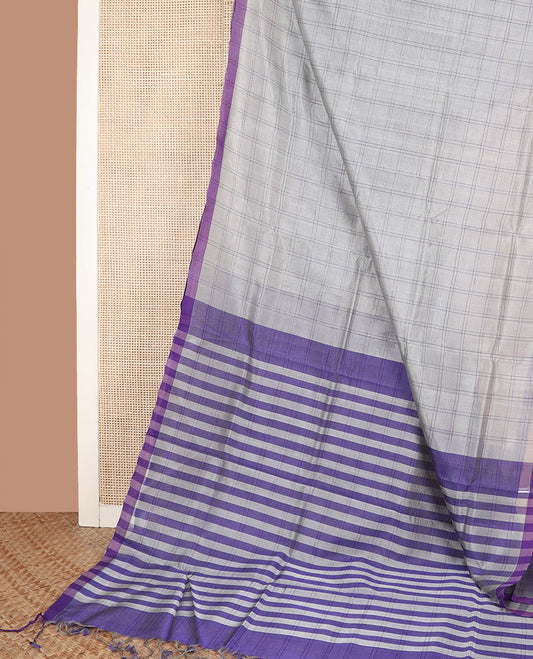 Grey checked cotton saree, contrast plain border, and striped pallu
