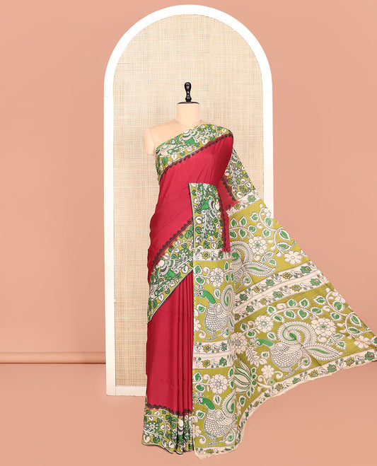 Red Plain Kalamkari Cotton Saree, Contrast Kalamkari Floral-Peacock Printed Border, Peacock-Floral Pallu, and a Contrast Blouse