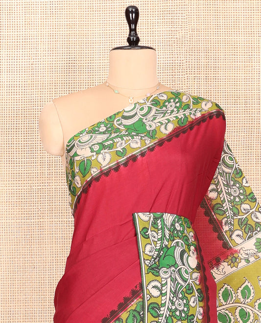 Red Plain Kalamkari Cotton Saree, Contrast Kalamkari Floral-Peacock Printed Border, Peacock-Floral Pallu, and a Contrast Blouse