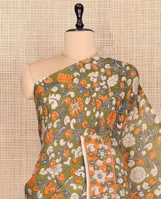 Green Machine-Printed Kalamkari Cotton Saree Features Floral Vine Design, a Floral Printed Border, Pallu of Fauna Motifs, and a Contrast Blouse