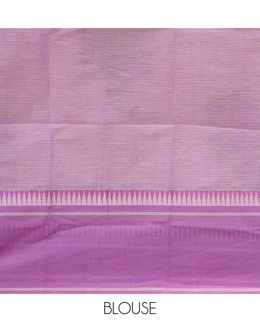 Beige human motifs printed striped chirala cotton saree, contrast pink temple border of chevron design & pallu of geometric & human motifs