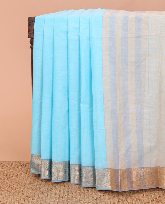 Blue plain Kanchi cotton saree, contrast traditional zari border, and striped pallu