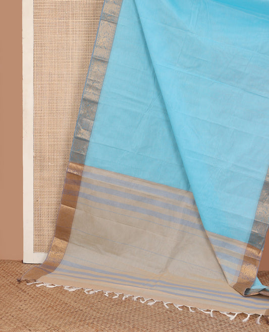 Blue plain Kanchi cotton saree, contrast traditional zari border, and striped pallu