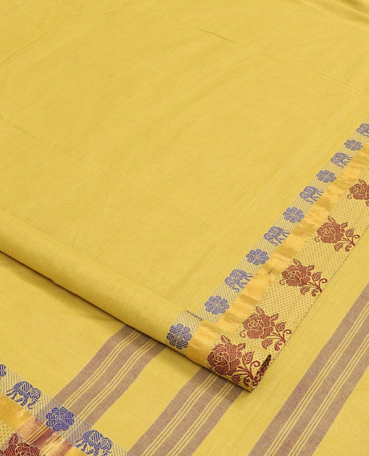 Yellow plain nine-yard cotton saree, self-pallu of floral, elephant, and rose floral designs, and striped pallu