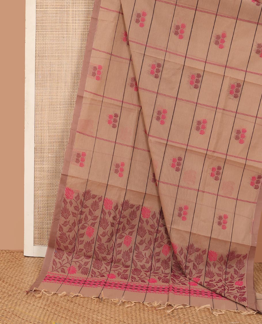 Pale brown stripes, and leaf motifs Kanchi cotton saree, plain border, and floral vine design pallu