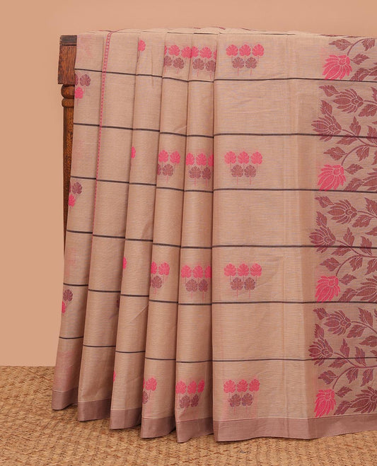 Pale brown stripes, and leaf motifs Kanchi cotton saree, plain border, and floral vine design pallu