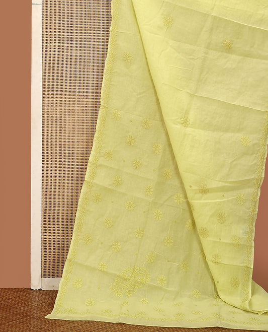 Yellow flowers thread embroidered Lucknowi chikankari saree, floral design border, and flora-paisley embroidered pallu