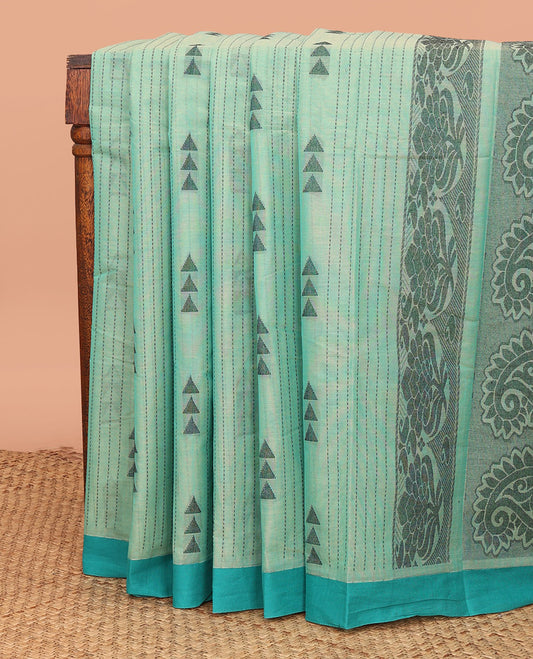 Green Kanchi Cotton Saree Elevated with Stripes and Triangle Buttas All Over Its Body, Complemented by a Contrast Border, Pallu Steeped with Paisley Designs, and Paired with a Matching Blouse