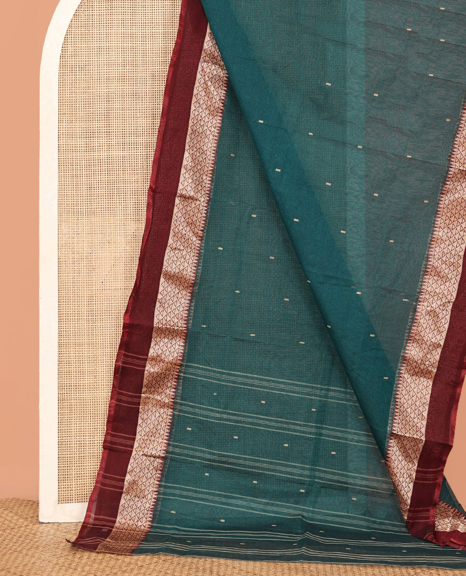 Blue Bengal Cotton Saree, Finely Crafted with Buttas, Contrast Triangle Border, Striped Pallu, and No Blouse