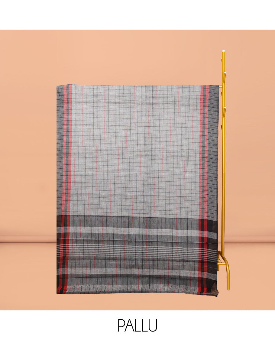 Grey Checked Chirala Cotton Saree, a Contrast Border, Self-Pallu, and a Matching Blouse