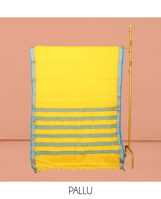 Yellow Plain Narayanpet Cotton Saree, Complemented by a Contrast Traditional Design Border, Striped Pallu, and Comes Without a Blouse