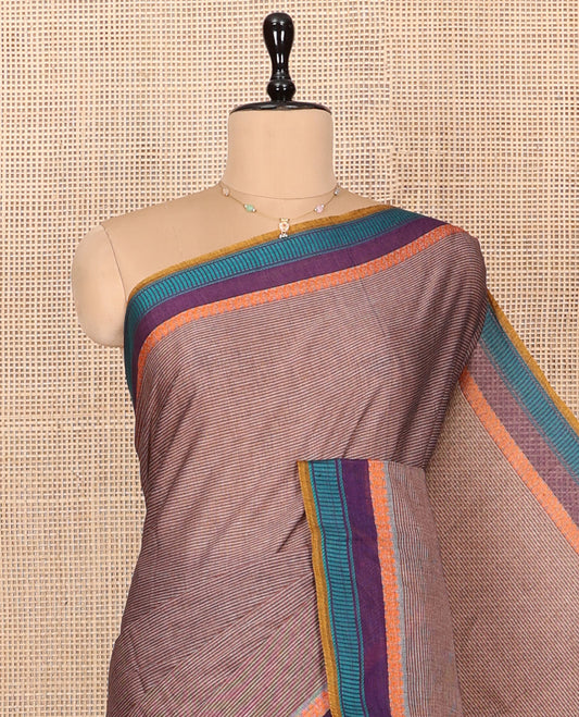 Brown Striped Andhra Cotton Saree, Complemented by a Contrast Multi-color Border, Striped Pallu, and a Contrast Blouse