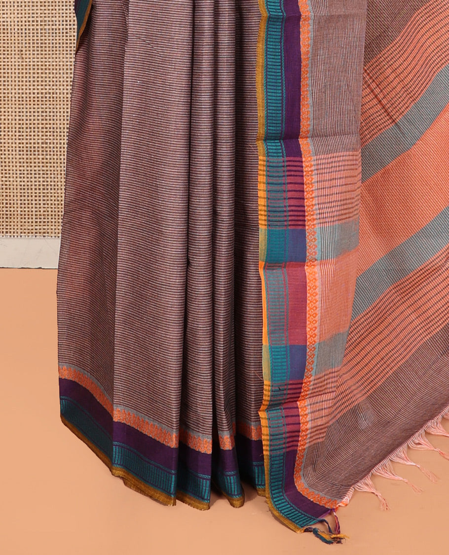 Brown Striped Andhra Cotton Saree, Complemented by a Contrast Multi-color Border, Striped Pallu, and a Contrast Blouse