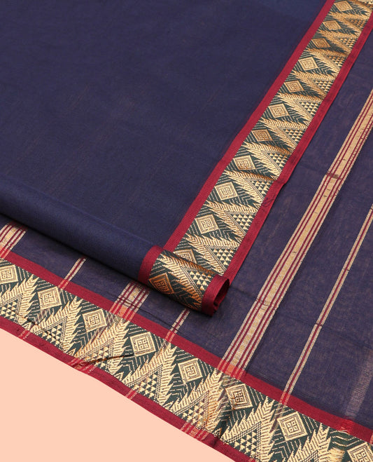 Navy Blue Plain Nine-Yard Cotton Saree, Complemented by a Contrast Temple Border of Diamond Designs, Striped Pallu, and Comes Without a Blouse