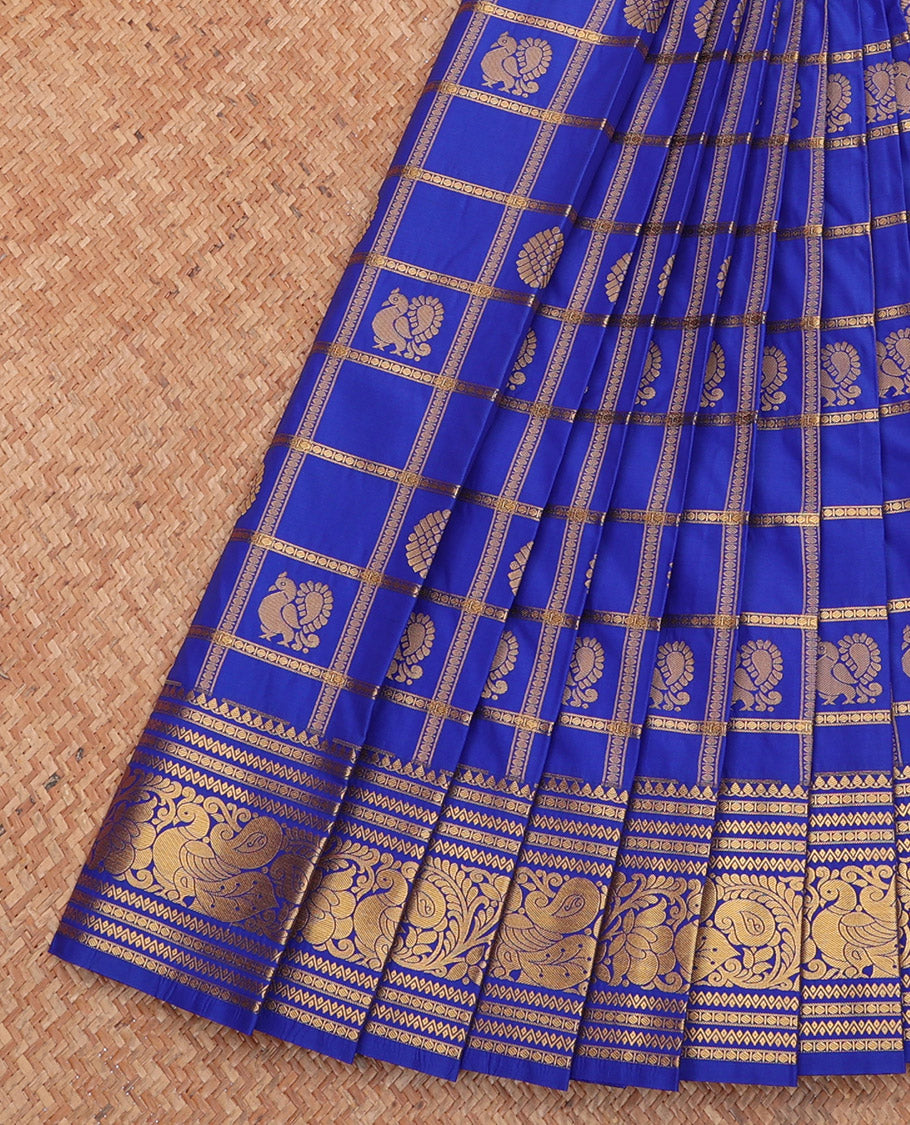 Ink Blue Budget Silk Saree, Peacock-Chakra Checks, a Traditional Border, Grand Pallu, Matching Blouse