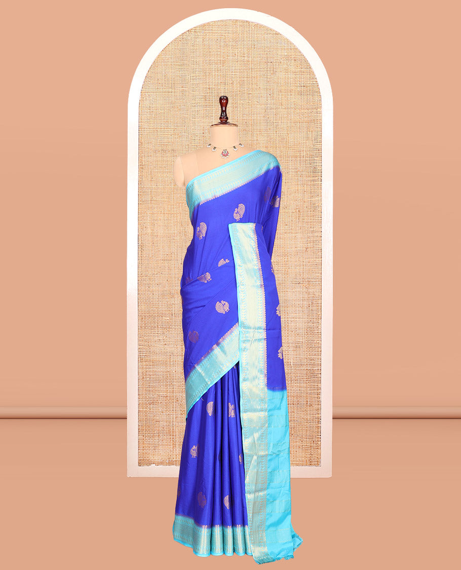 M.s Blue Peacock Buttas Fancy Mysore Silk Saree, Contrast Traditional Border, Contrast Blouse