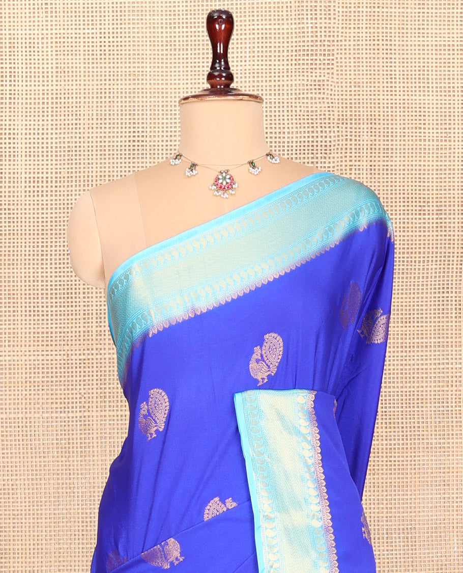 M.s Blue Peacock Buttas Fancy Mysore Silk Saree, Contrast Traditional Border, Contrast Blouse