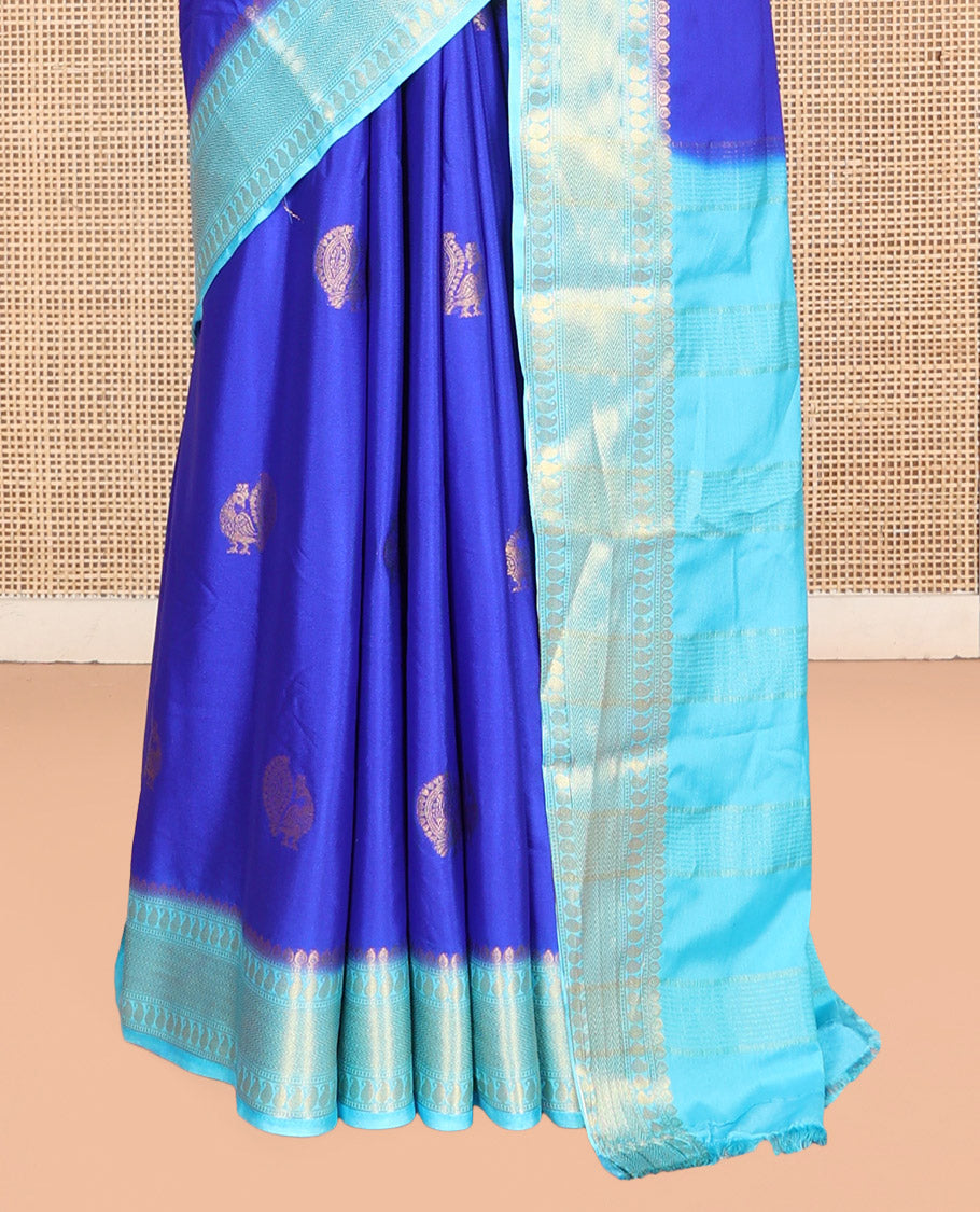M.s Blue Peacock Buttas Fancy Mysore Silk Saree, Contrast Traditional Border, Contrast Blouse