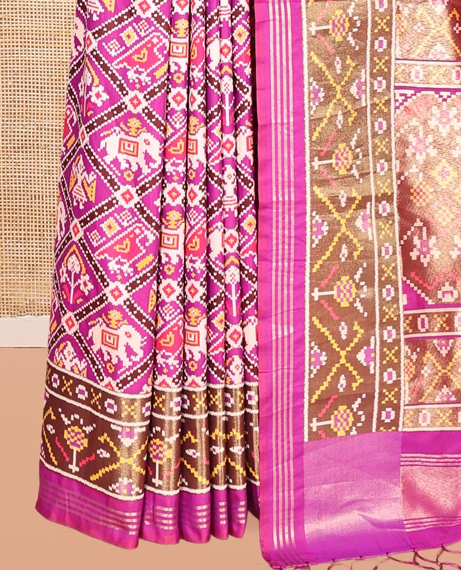 Purple Intricate Motif Semi-Patan Patola Saree, Patola Printed Tissue Border, and a Matching Blouse