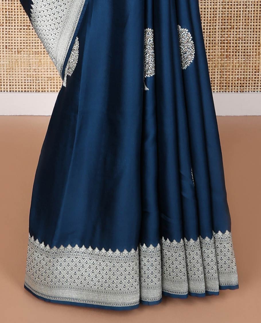 dark blue tree motifs dola silk saree with self intricate zari design border & floral jaal design pallu