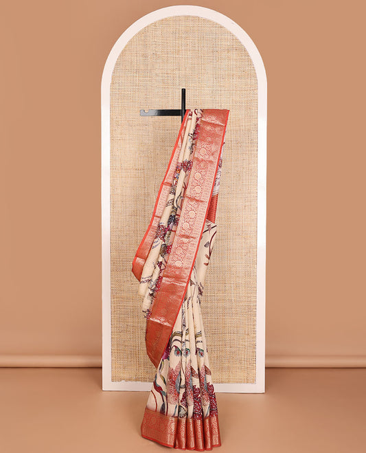 Sandal floral printed with embroidered dola silk saree, contrast traditional zari design border & zari striped pallu