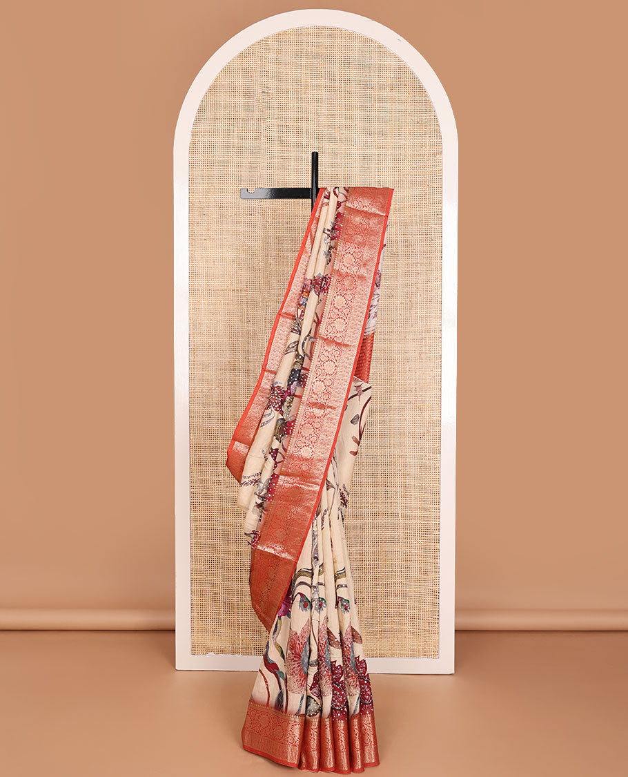 Sandal floral printed with embroidered dola silk saree, contrast traditional zari design border & zari striped pallu