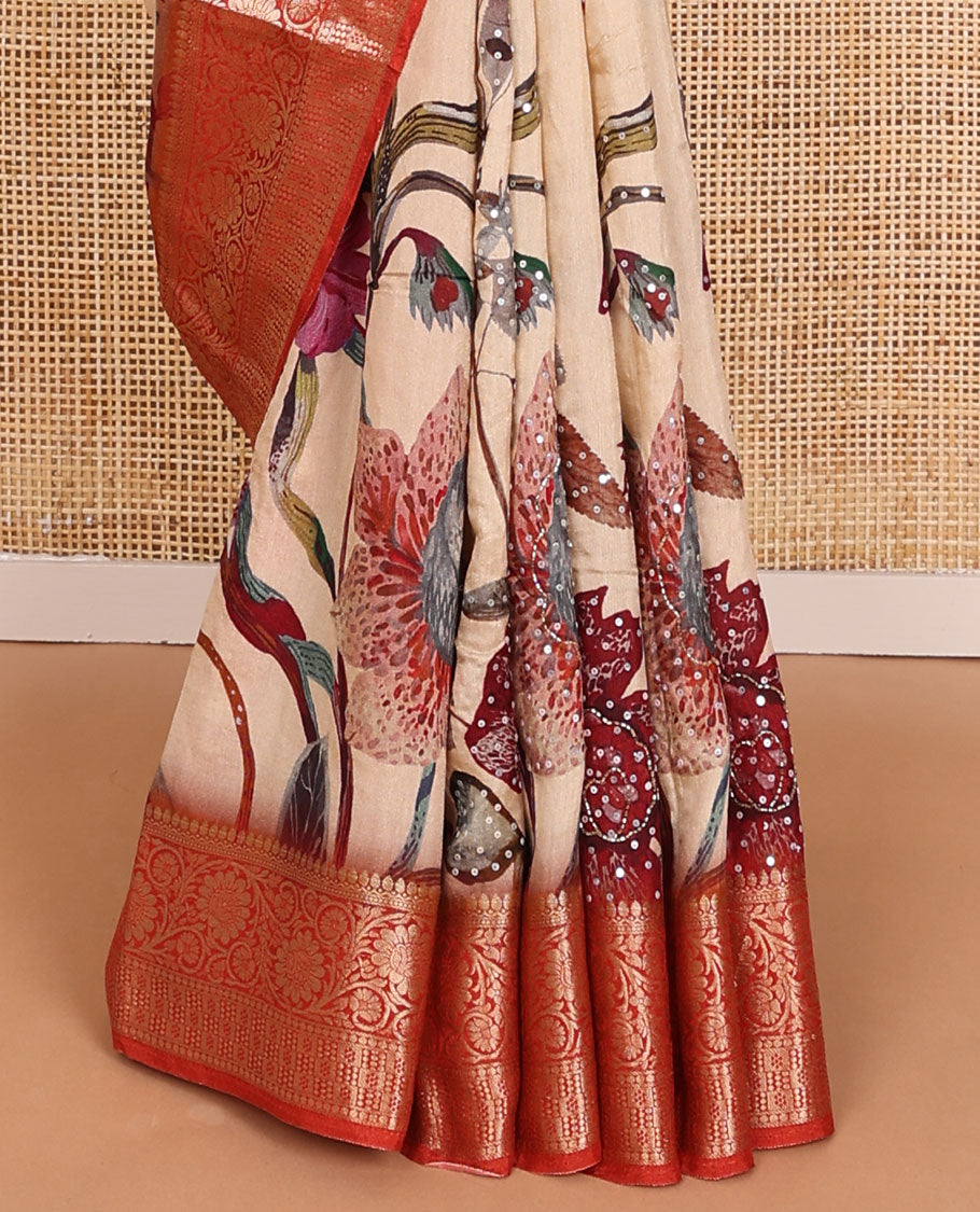 Sandal floral printed with embroidered dola silk saree, contrast traditional zari design border & zari striped pallu