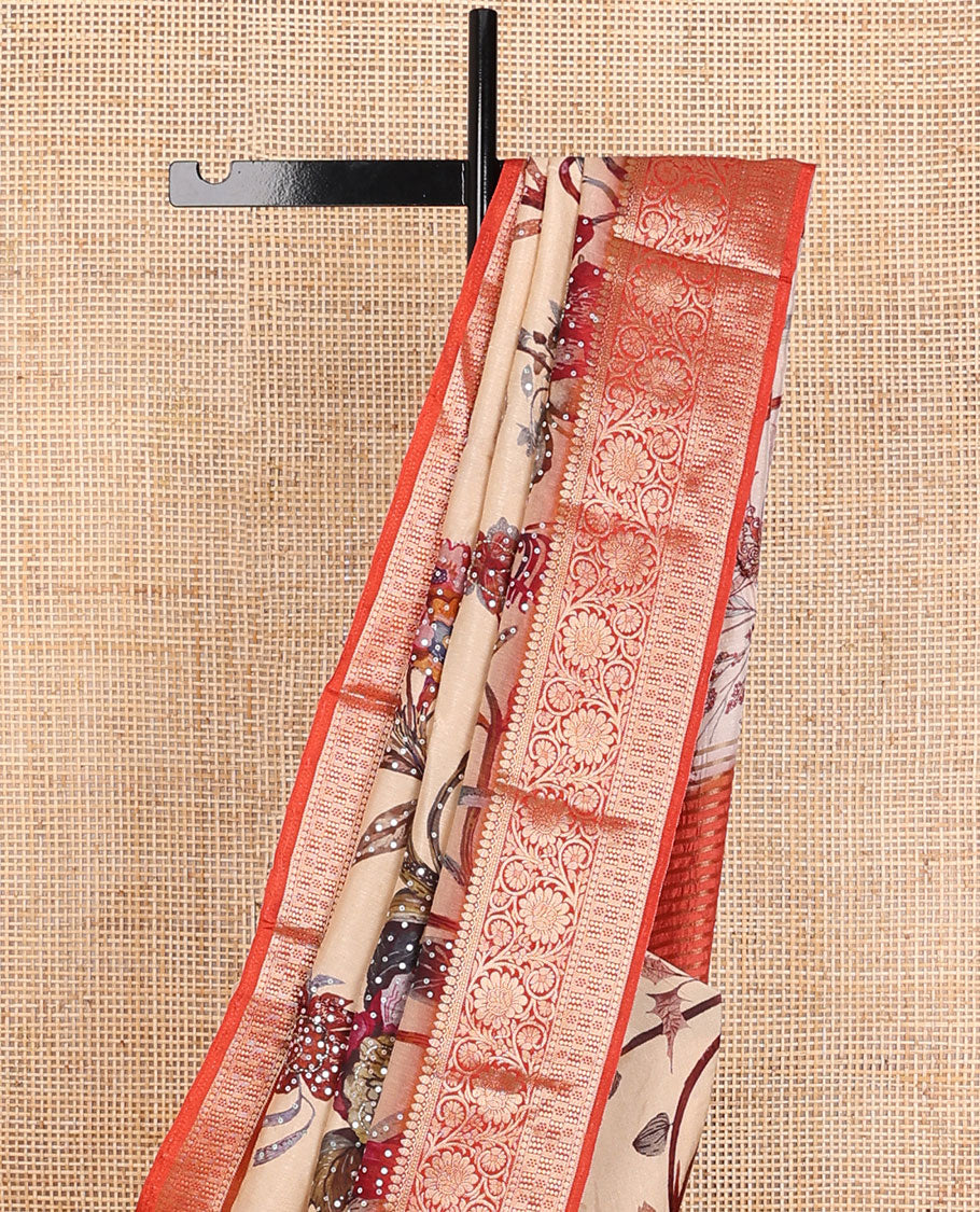 Sandal floral printed with embroidered dola silk saree, contrast traditional zari design border & zari striped pallu