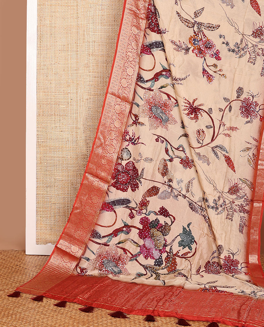 Sandal floral printed with embroidered dola silk saree, contrast traditional zari design border & zari striped pallu