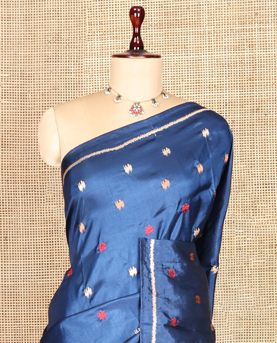 Sky Blue Matka Silk Saree Features Thread Buttas, a Self-Border, Pichwai Cow Pallu, Matching Blouse