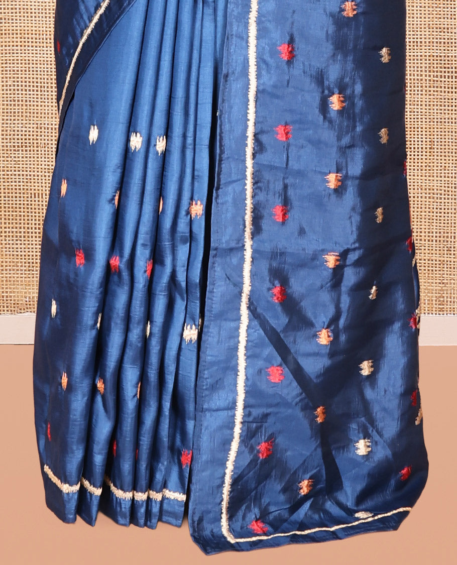 Sky Blue Matka Silk Saree Features Thread Buttas, a Self-Border, Pichwai Cow Pallu, Matching Blouse