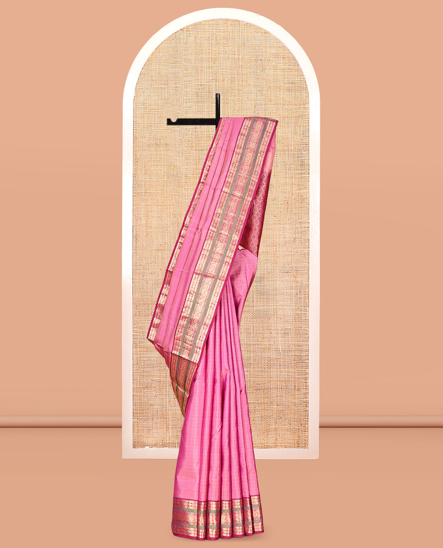 Onion Pink Striped Vasundhara Silk Saree, Contrast Border of Muthu, Mayil Kann, Kamalam, and Manga, Jaal Pallu, a Contrast Blouse