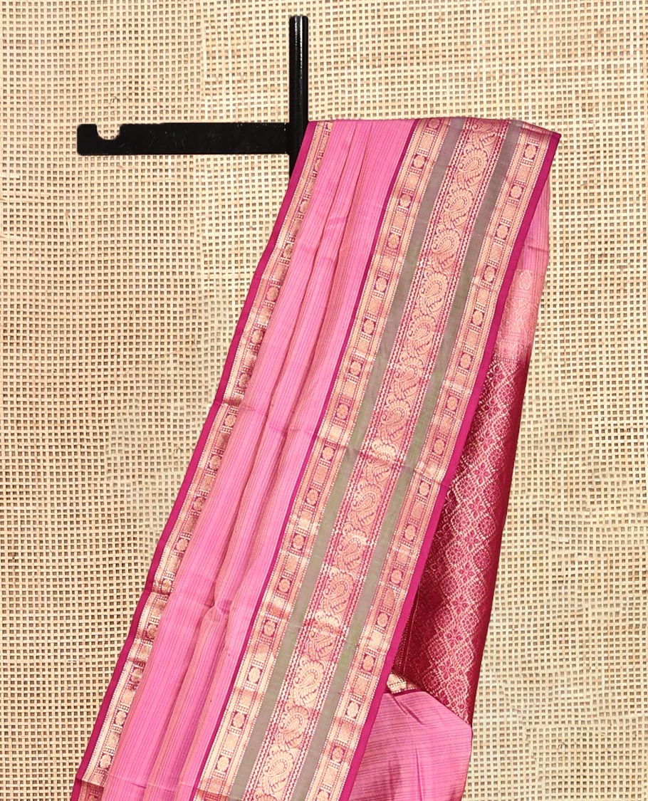 Onion Pink Striped Vasundhara Silk Saree, Contrast Border of Muthu, Mayil Kann, Kamalam, and Manga, Jaal Pallu, a Contrast Blouse