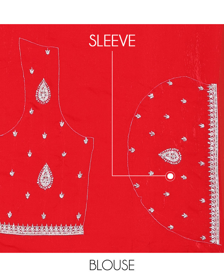 Red intricate motifs patch embroidered designer saree, scallop embroidered border