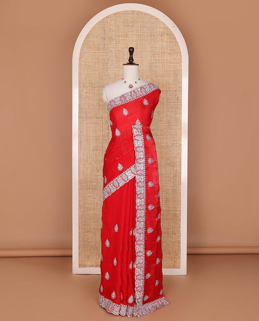 Red intricate motifs patch embroidered designer saree, scallop embroidered border