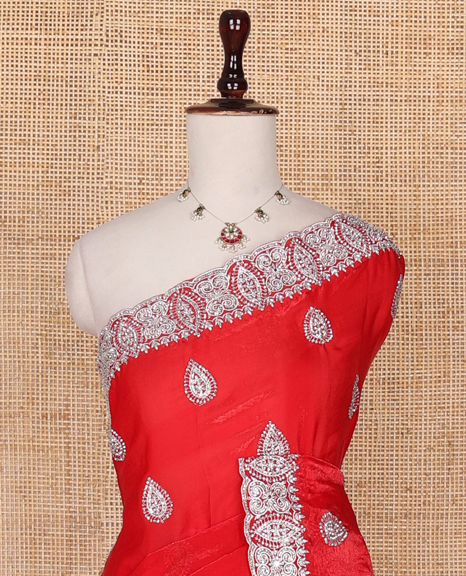 Red intricate motifs patch embroidered designer saree, scallop embroidered border