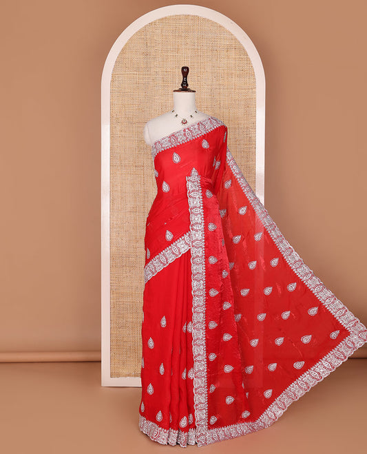 Red intricate motifs patch embroidered designer saree, scallop embroidered border