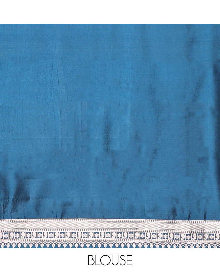 Blue raw mango silk saree with swan & flower buttas, traditional zari border & floral design pallu