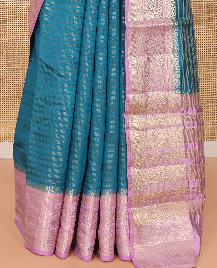 Blue Semi-Banarasi Dupion Saree, Beautified with Stripes, a Contrast Floral Creeper Zari Border, Striped Pallu, and a Contrast Blouse