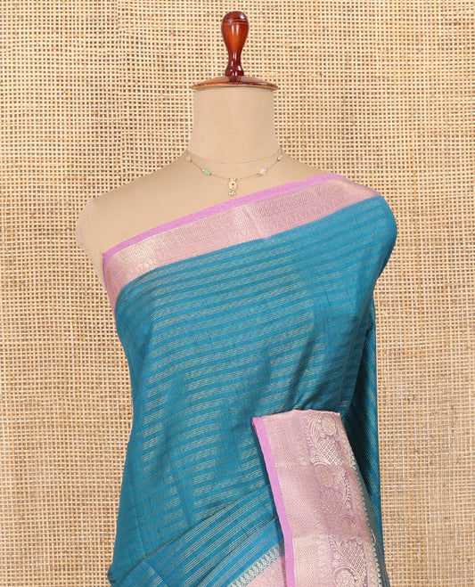 Blue Semi-Banarasi Dupion Saree, Beautified with Stripes, a Contrast Floral Creeper Zari Border, Striped Pallu, and a Contrast Blouse