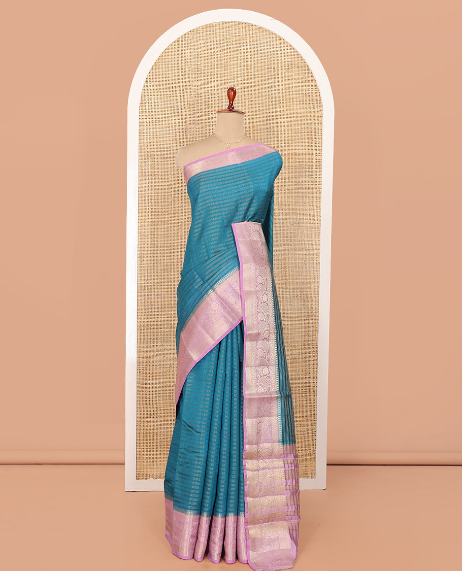 Blue Semi-Banarasi Dupion Saree, Beautified with Stripes, a Contrast Floral Creeper Zari Border, Striped Pallu, and a Contrast Blouse