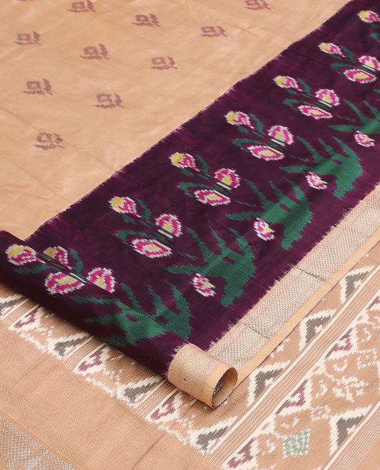 Sandal ikkat buttas ikkat saree, contrast ikkat floral border of zari designs & pallu of ikkat designs