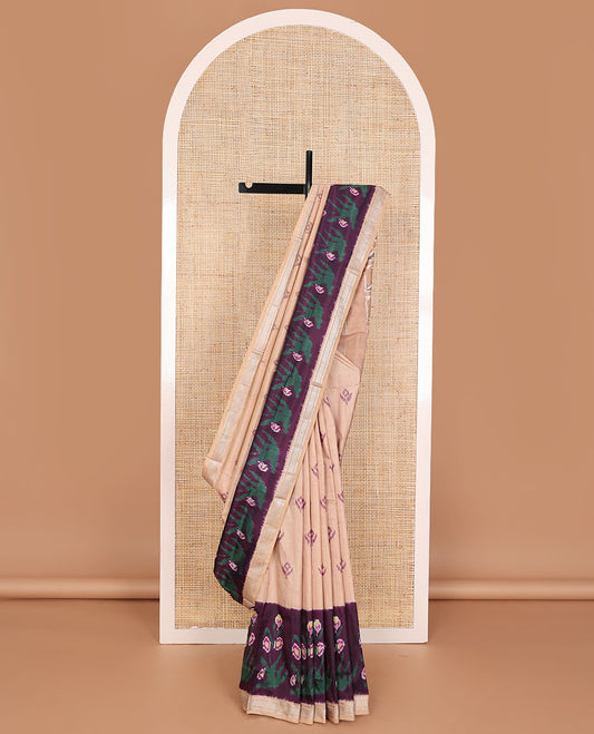 Sandal ikkat buttas ikkat saree, contrast ikkat floral border of zari designs & pallu of ikkat designs
