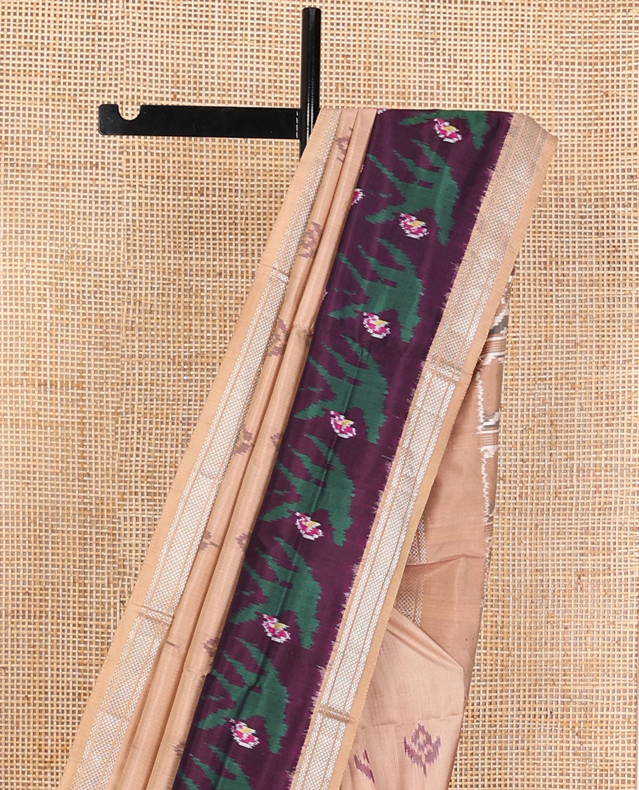 Sandal ikkat buttas ikkat saree, contrast ikkat floral border of zari designs & pallu of ikkat designs